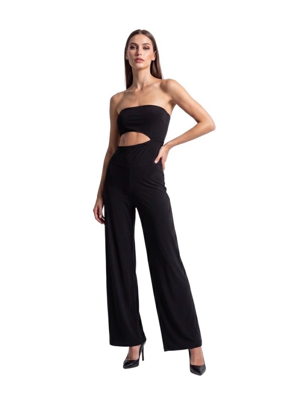 NORMA KAMALI Strapless Cutout
Wide Leg Jumpsuit Black Size S